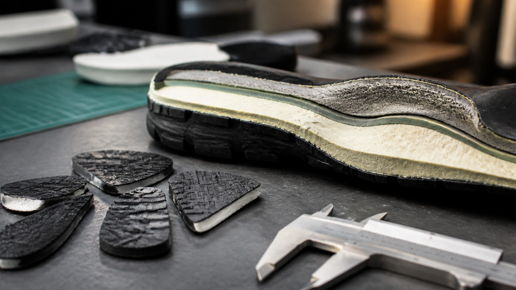 Close view of an unbranded running-shoe sole cross-section and rubber samples on a workbench.