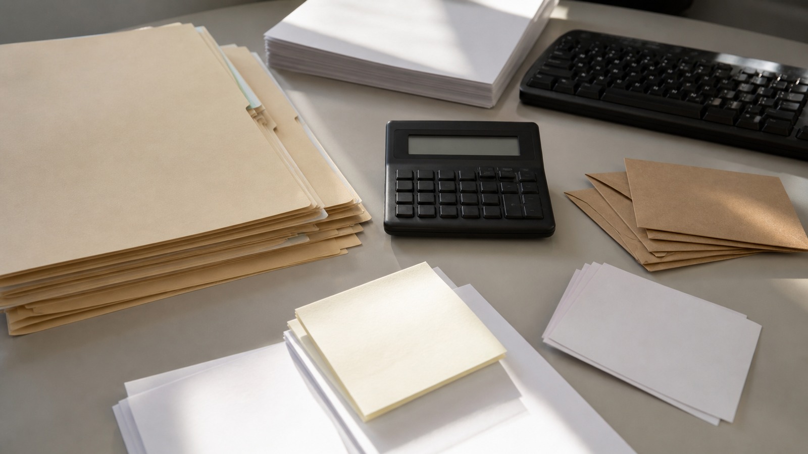 Settlement desk with blank folders, a calculator and bond-market research materials.