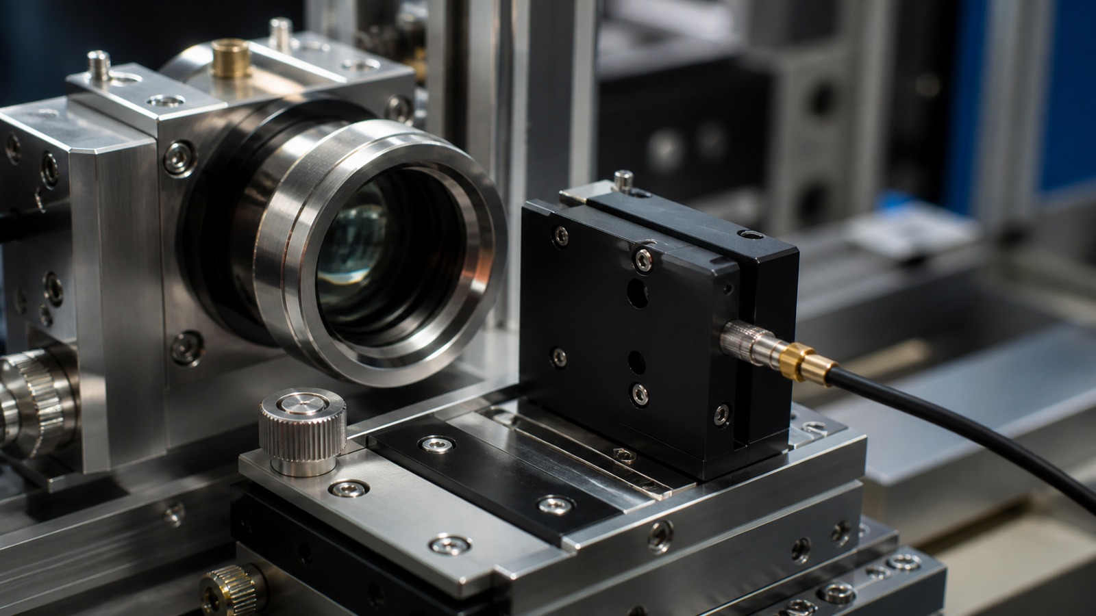 Macro view of unbranded precision metrology hardware with brushed metal and glass surfaces.