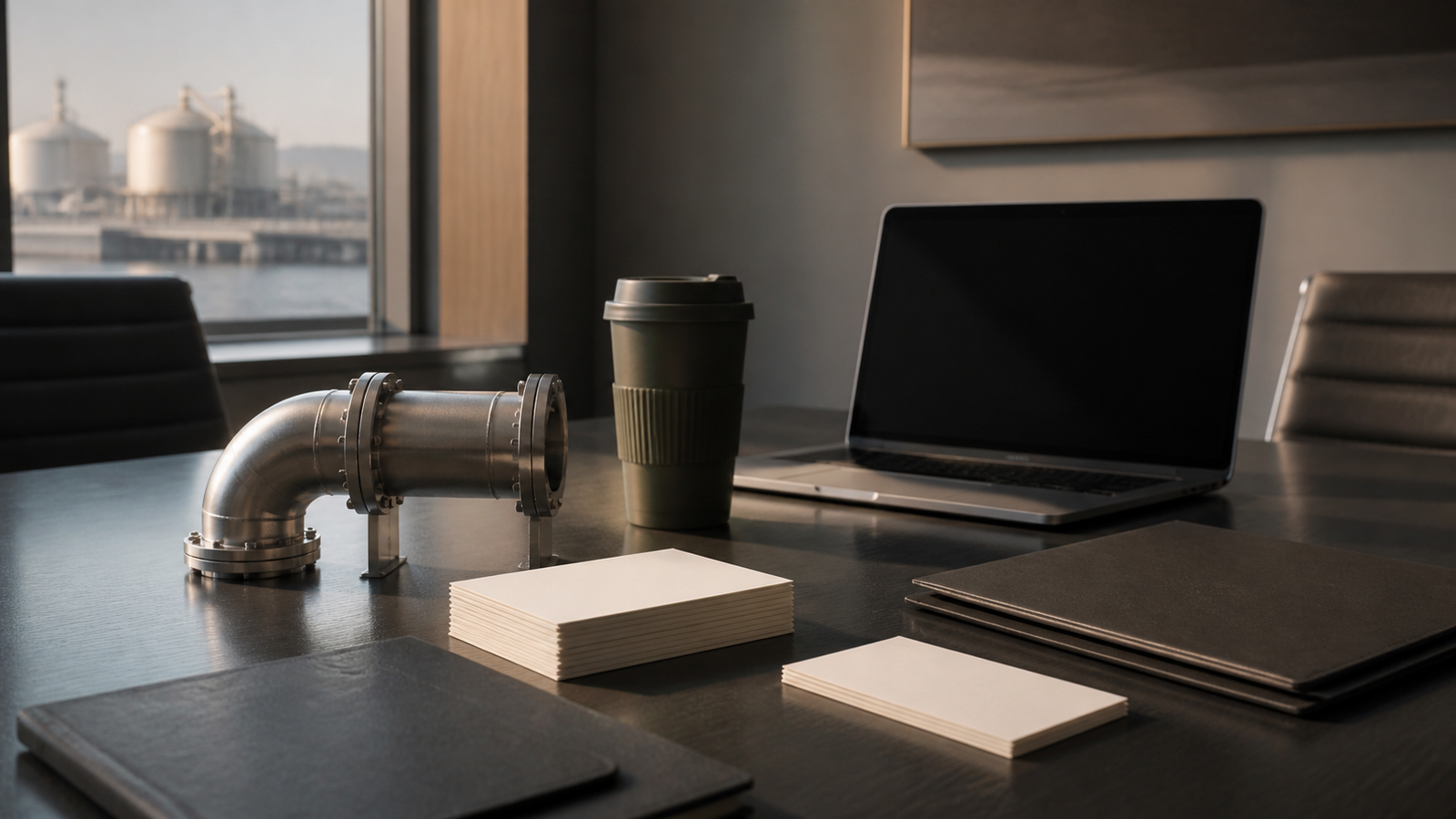 Boardroom table with blank cards, folders, a laptop and a pipe model near an LNG terminal view.