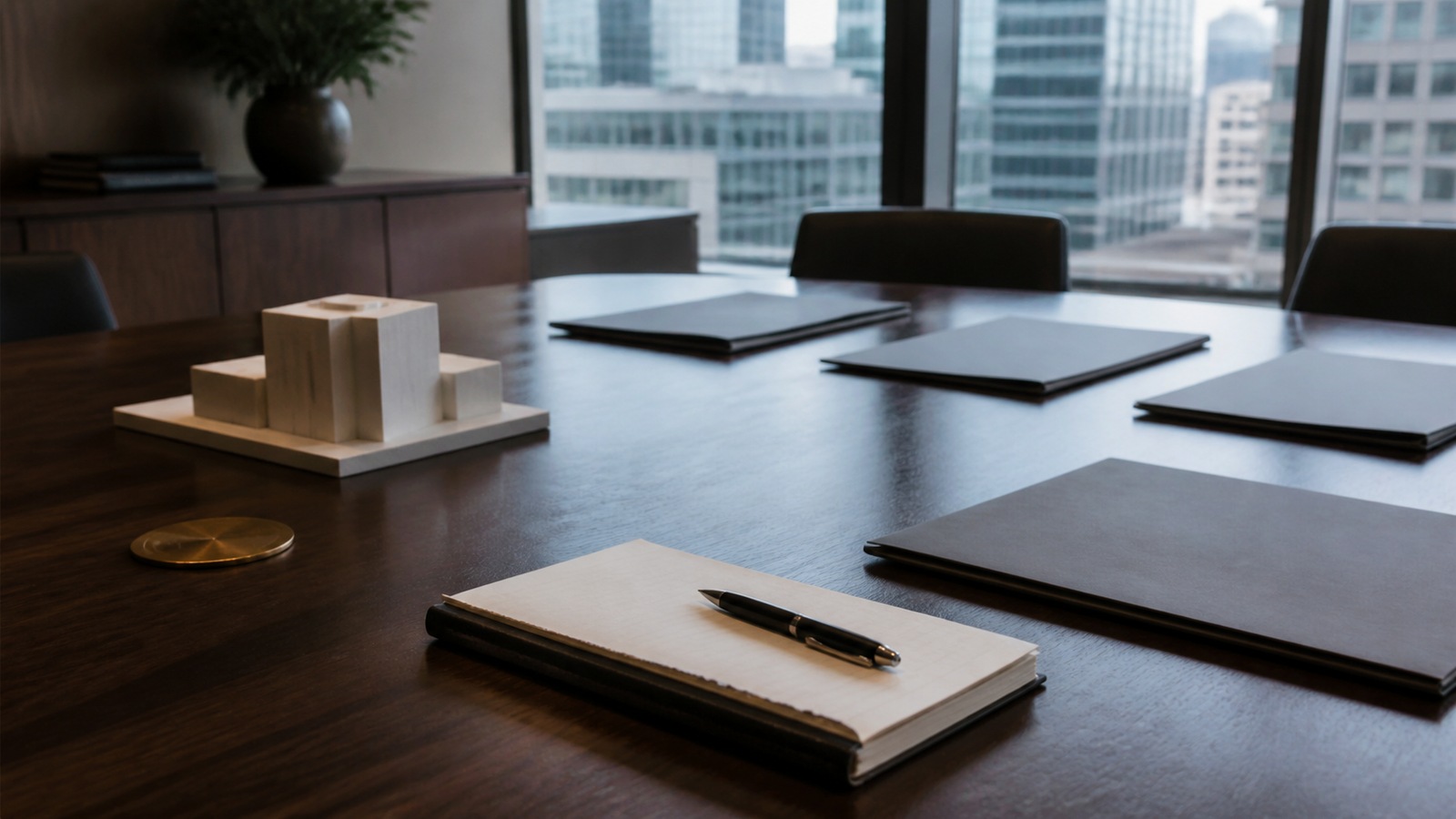 Empty boardroom table with blank folders, notebook and architectural model blocks.
