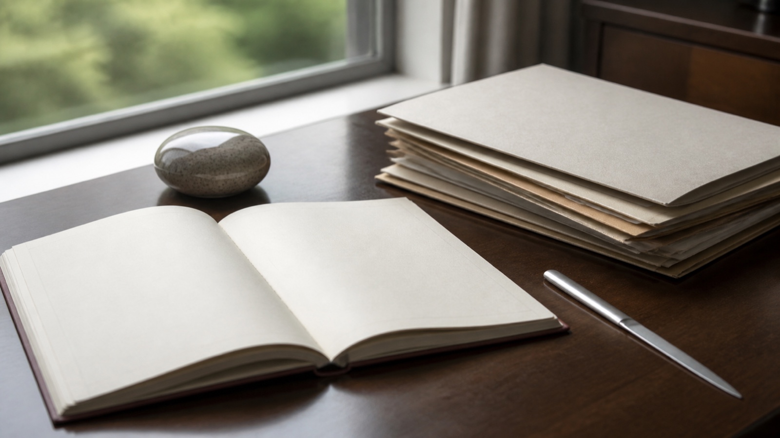 Blank ledger and unmarked folders on a desk near a window