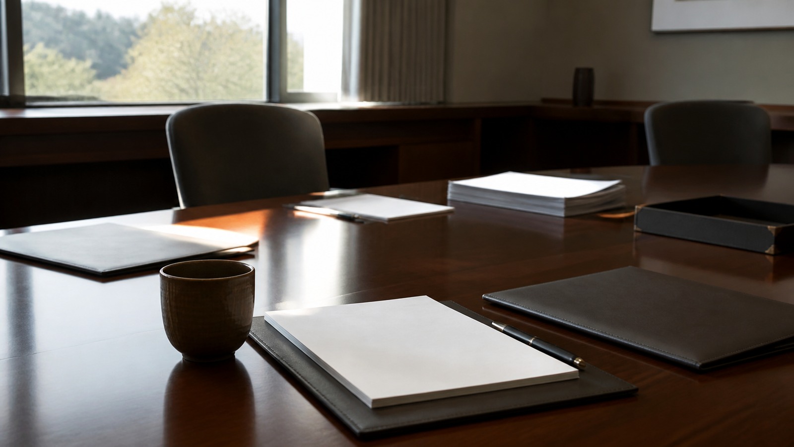 Central-bank research table with blank documents, pens and soft window light.
