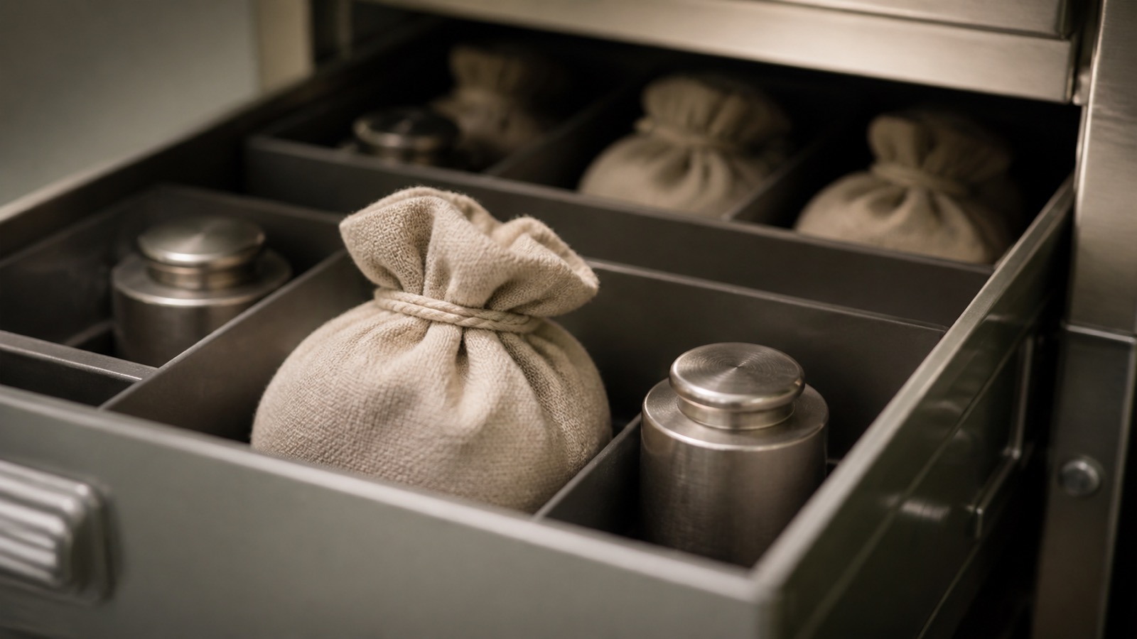 Macro view of a plain collateral storage drawer with fabric pouches and no labels.