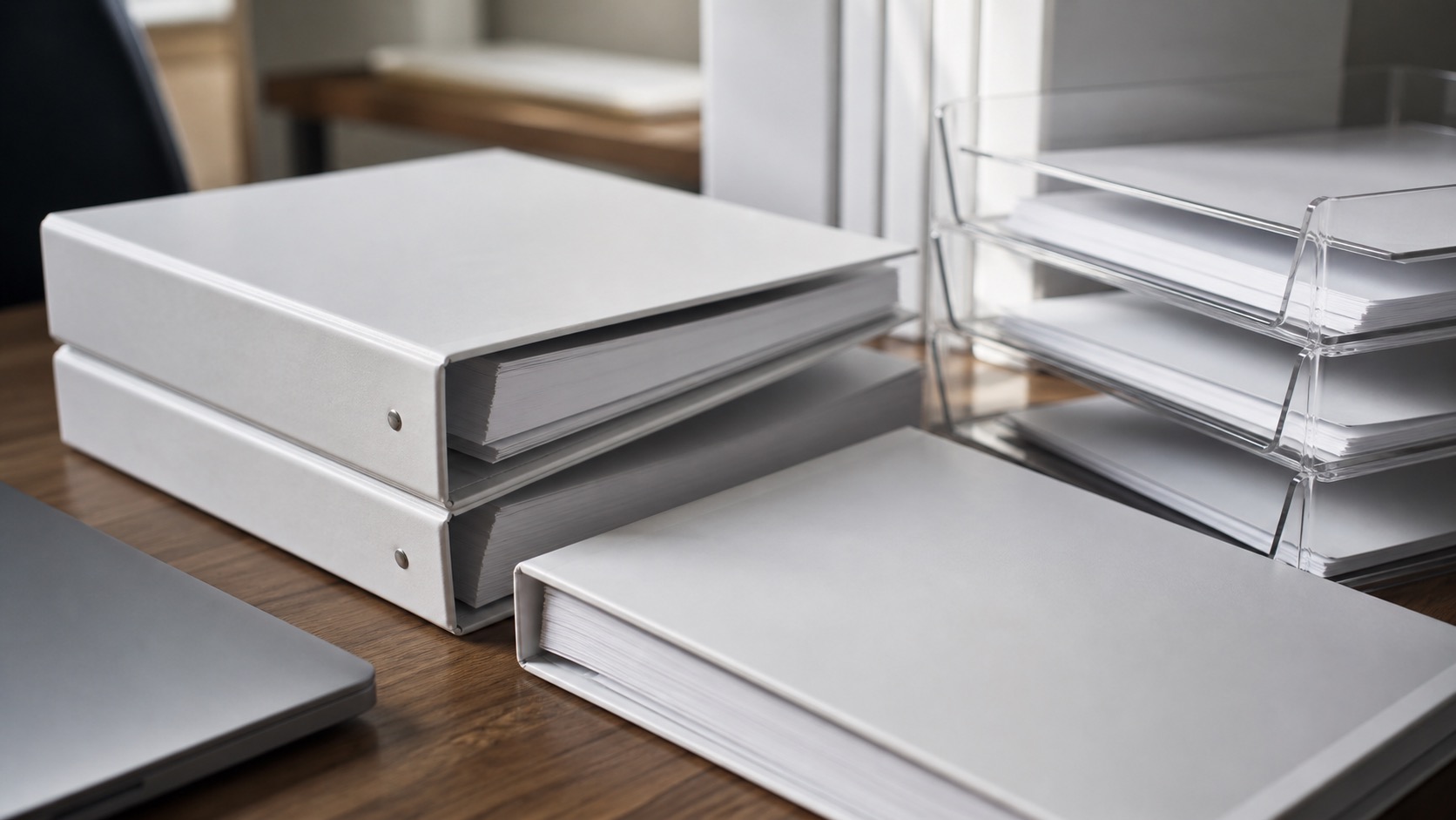 Blank binders and trays arranged for final financial document verification