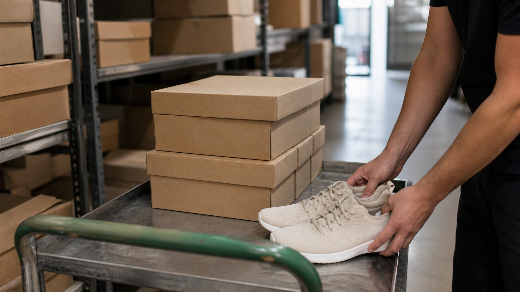 Worker's hands placing unbranded walking shoes on a stockroom cart beside plain shoe boxes.
