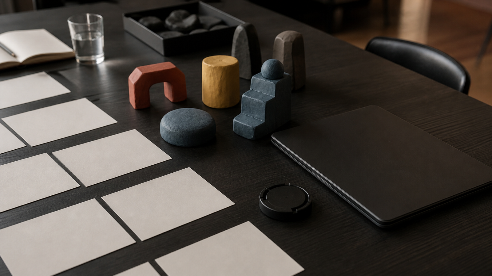 Abstract studio objects and blank cards are arranged on a dark tabletop beside a closed laptop.