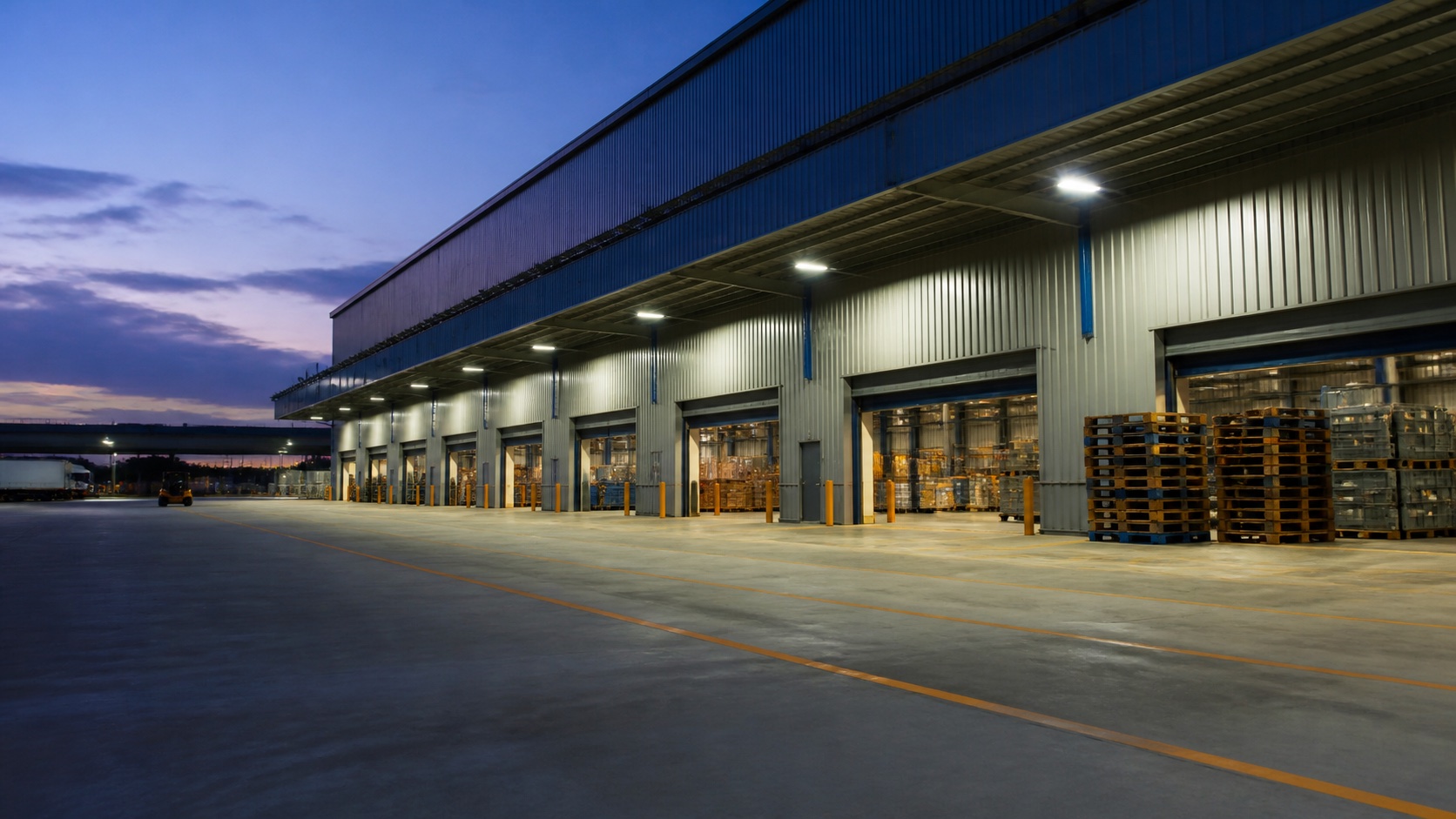 Logistics warehouse loading bay at dusk