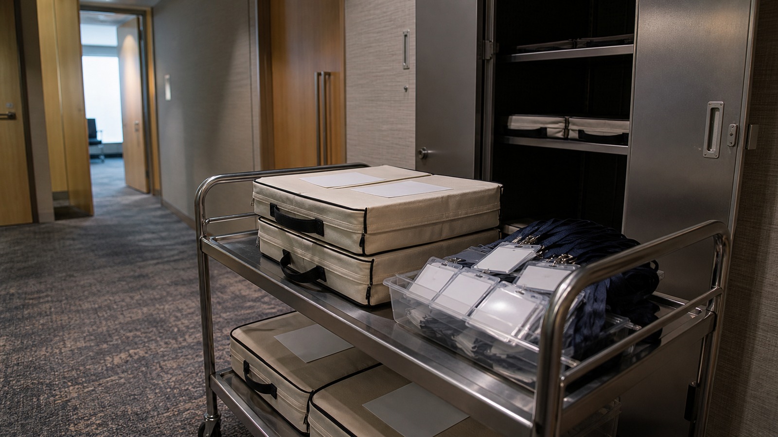 Sealed plain document cases and blank lanyards on a rolling cart after a shareholder meeting.