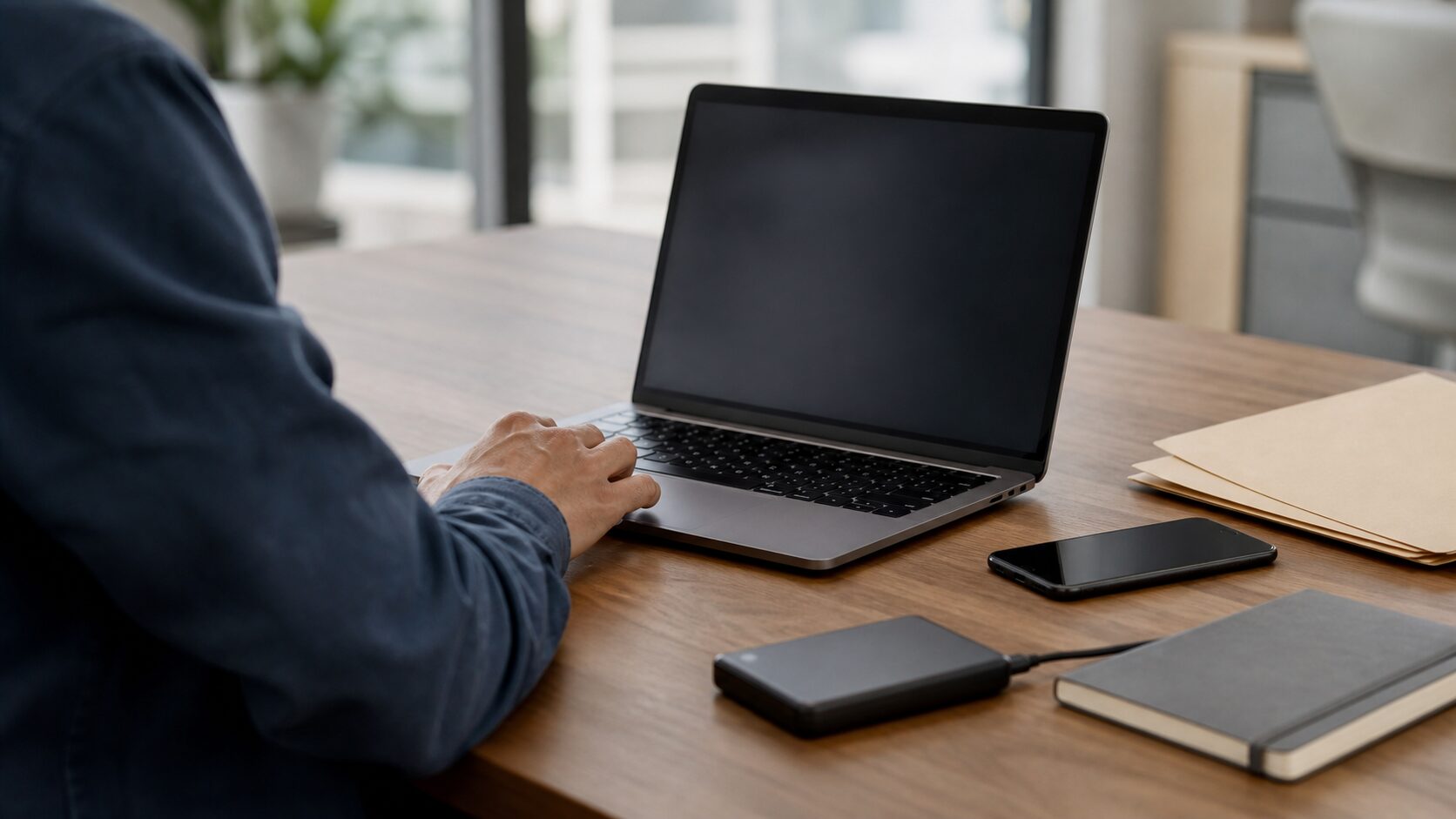 An analyst at a laptop with a blank dark screen, plain folders, a face-down phone, a notebook and an external drive on a desk
