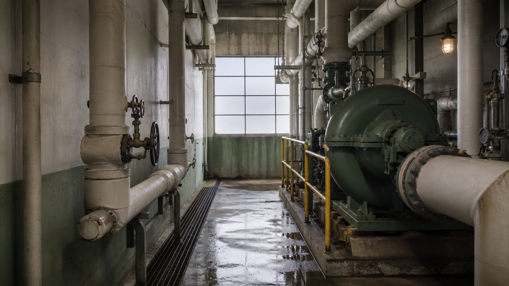 Industrial cooling-water pump and insulated pipes in an empty mechanical corridor