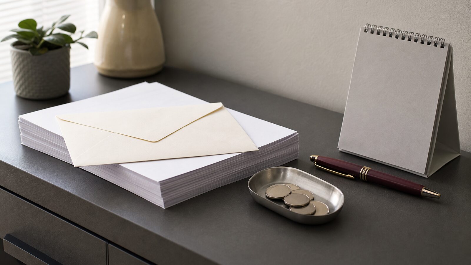 A blank envelope, paper stack, pen, coin tray and plain calendar block on an office credenza