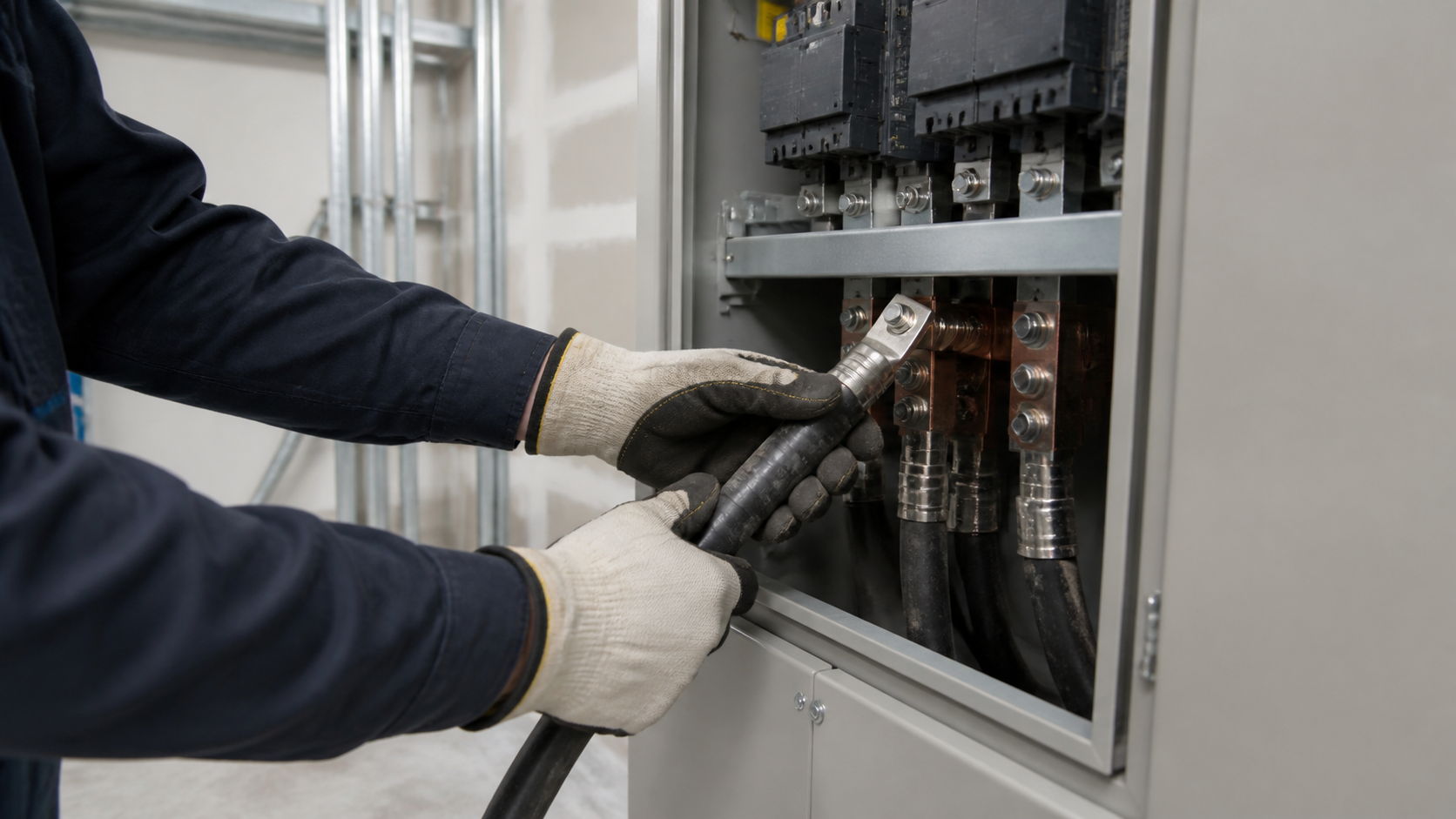 Gloved electrical worker connecting a heavy power cable inside an industrial switchgear cabinet