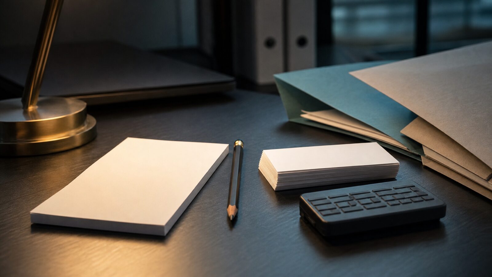 A pencil, blank note cards, folders and a face-down calculator under a warm desk lamp
