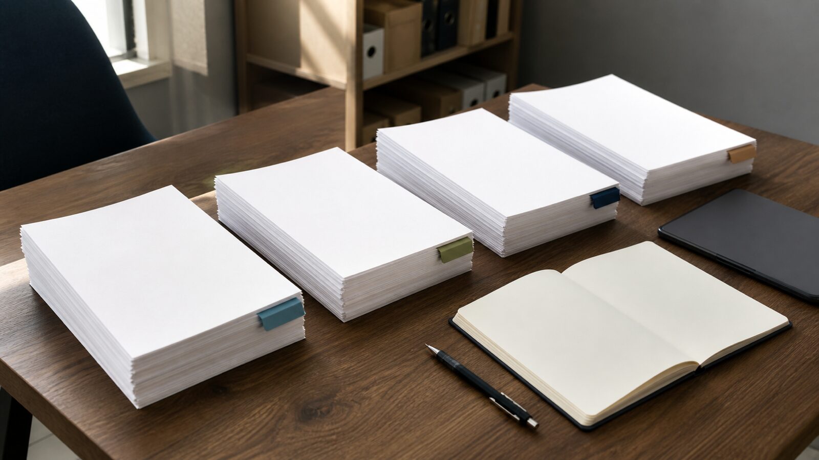 Blank document stacks separated by colored tabs on a research desk beside an open notebook