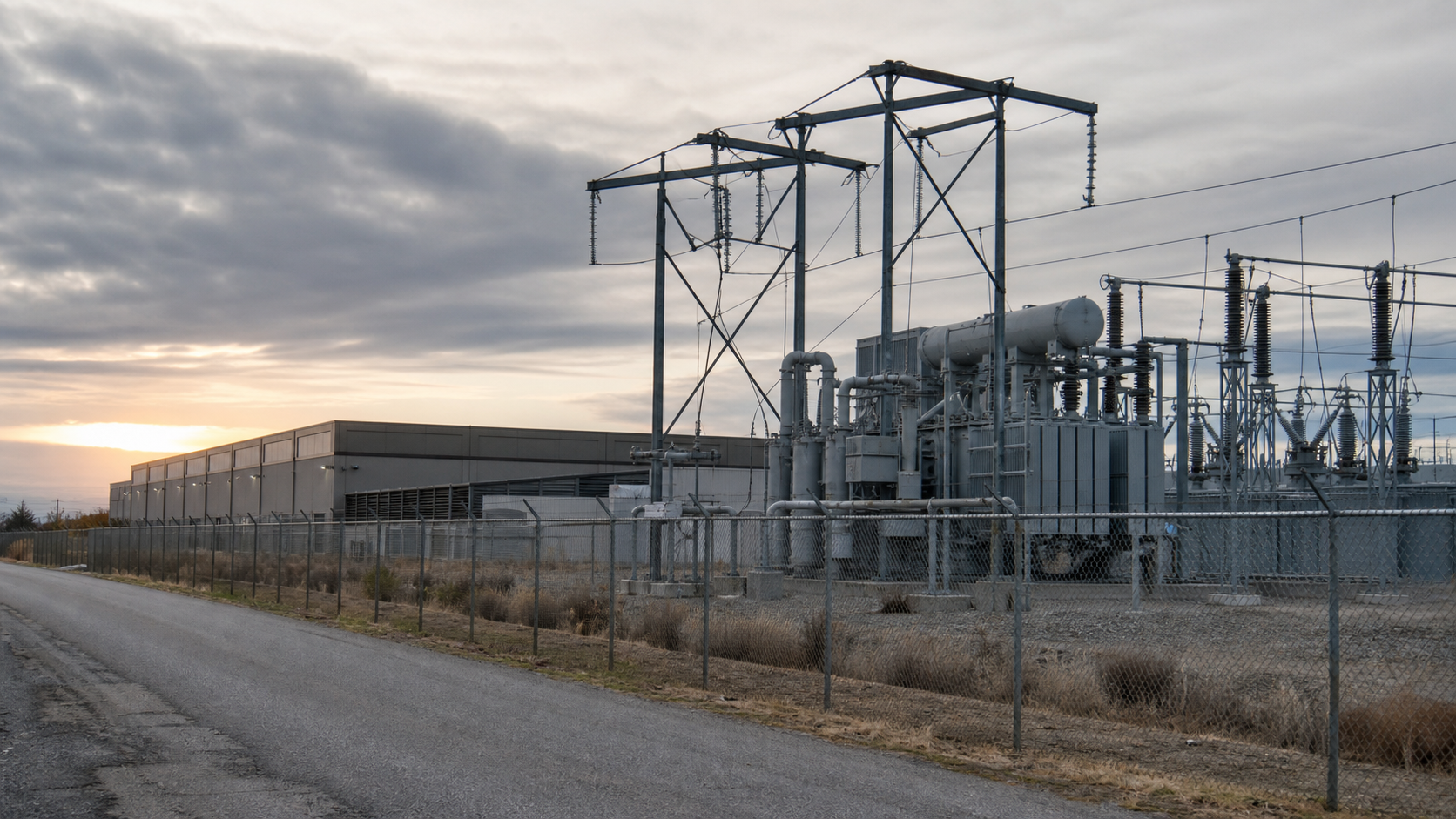 Unbranded high-voltage substation beside a large utility building at early morning
