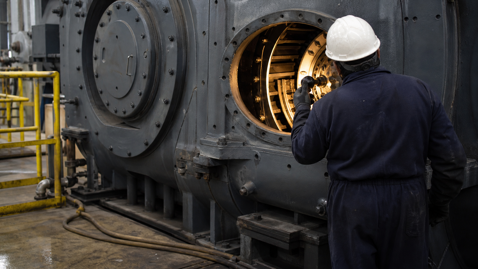 Technician inspecting an unbranded turbine casing in a maintenance bay