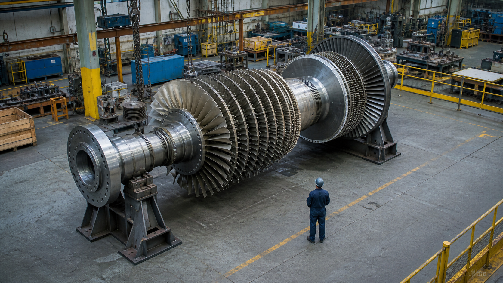 Large unbranded turbine rotor on supports in an industrial assembly bay