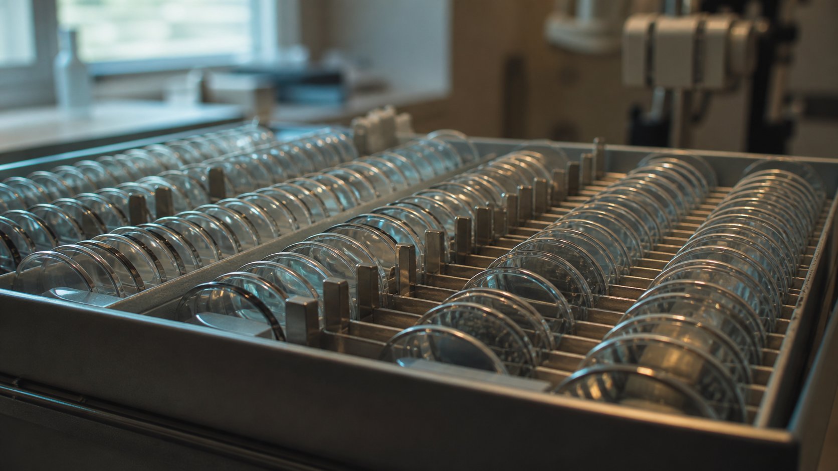 Rows of transparent optical trial lenses catch teal and amber window light in a quiet examination room.