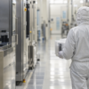Cleanroom technician carrying an unbranded wafer cassette through a bright semiconductor processing corridor