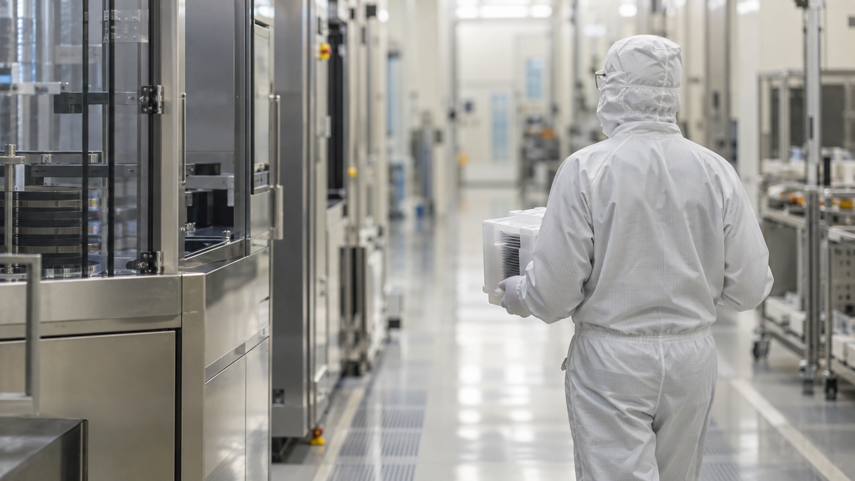 Cleanroom technician carrying an unbranded wafer cassette through a bright semiconductor processing corridor