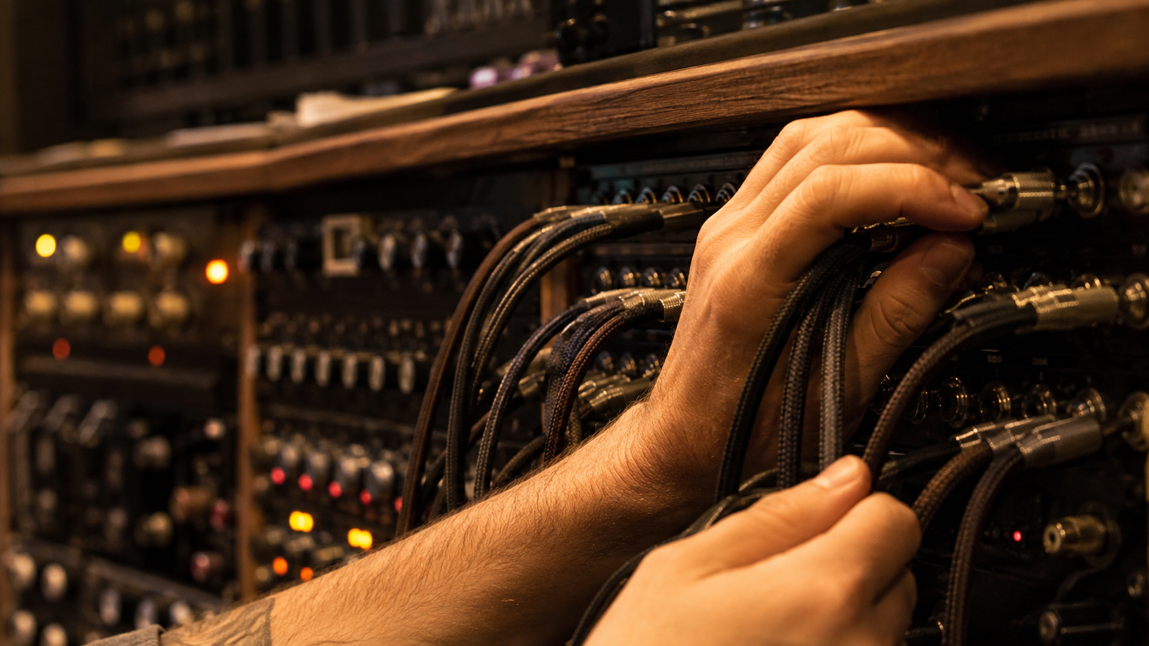 Sound engineer routing unbranded braided audio cables through a recording-studio patch bay