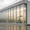 Unbranded automation hall with an industrial robot visible through ribbed glass