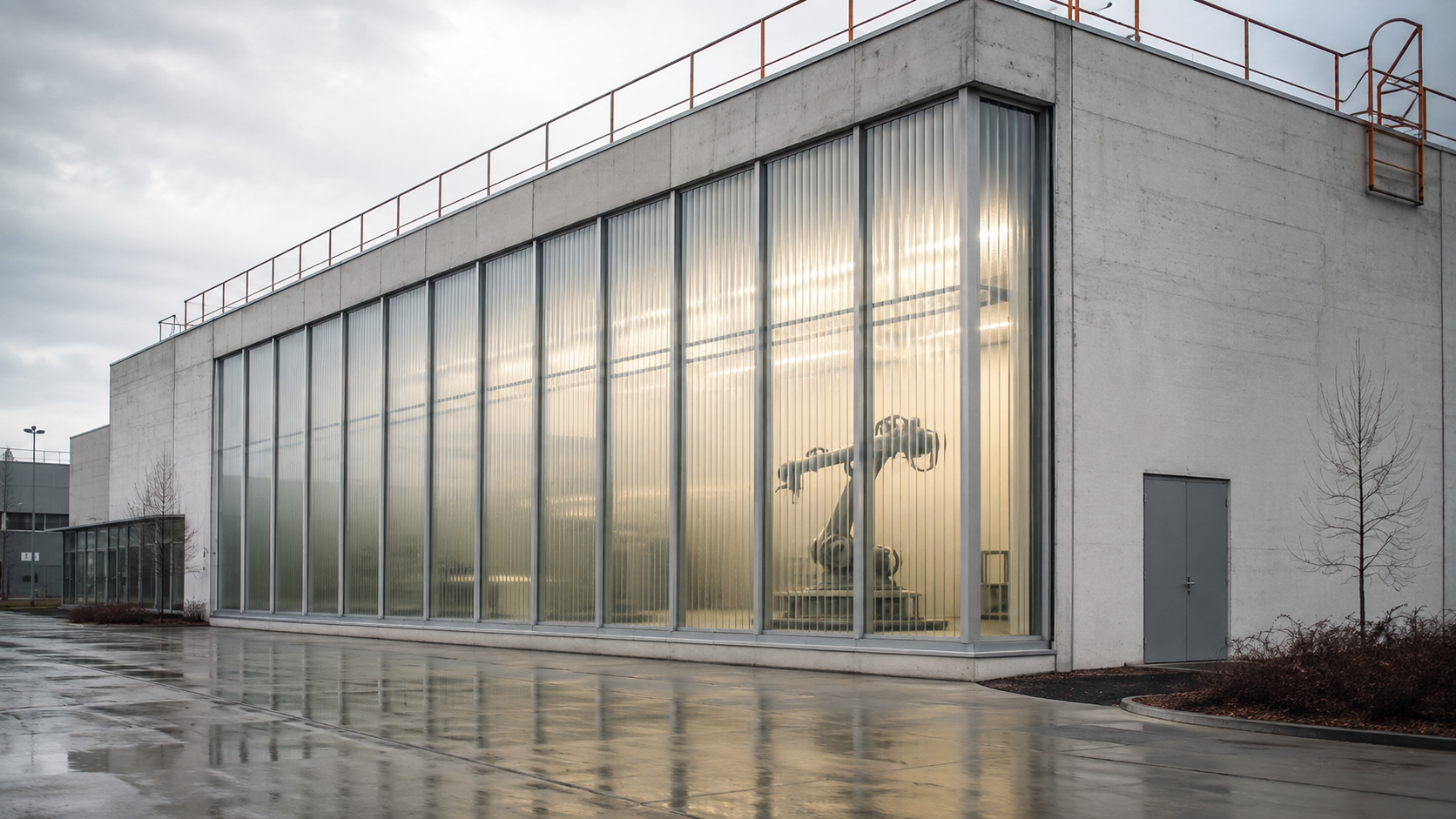 Unbranded automation hall with an industrial robot visible through ribbed glass