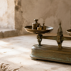 A brass balance with plain calibration weights on a limestone workbench