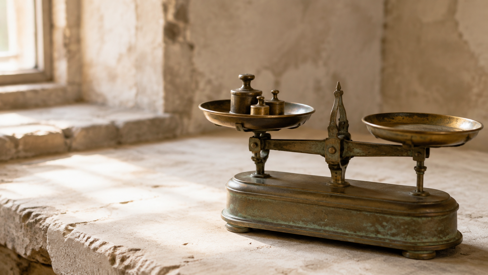 A brass balance with plain calibration weights on a limestone workbench