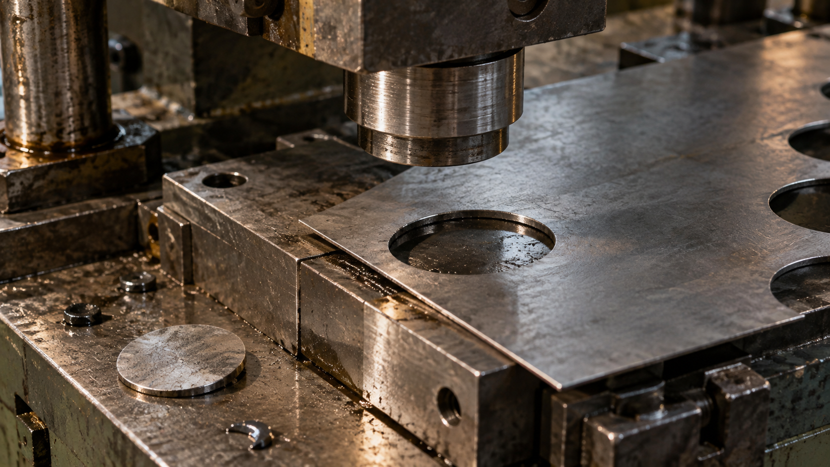 Precision metal blanking press with a circular cutout in a steel sheet