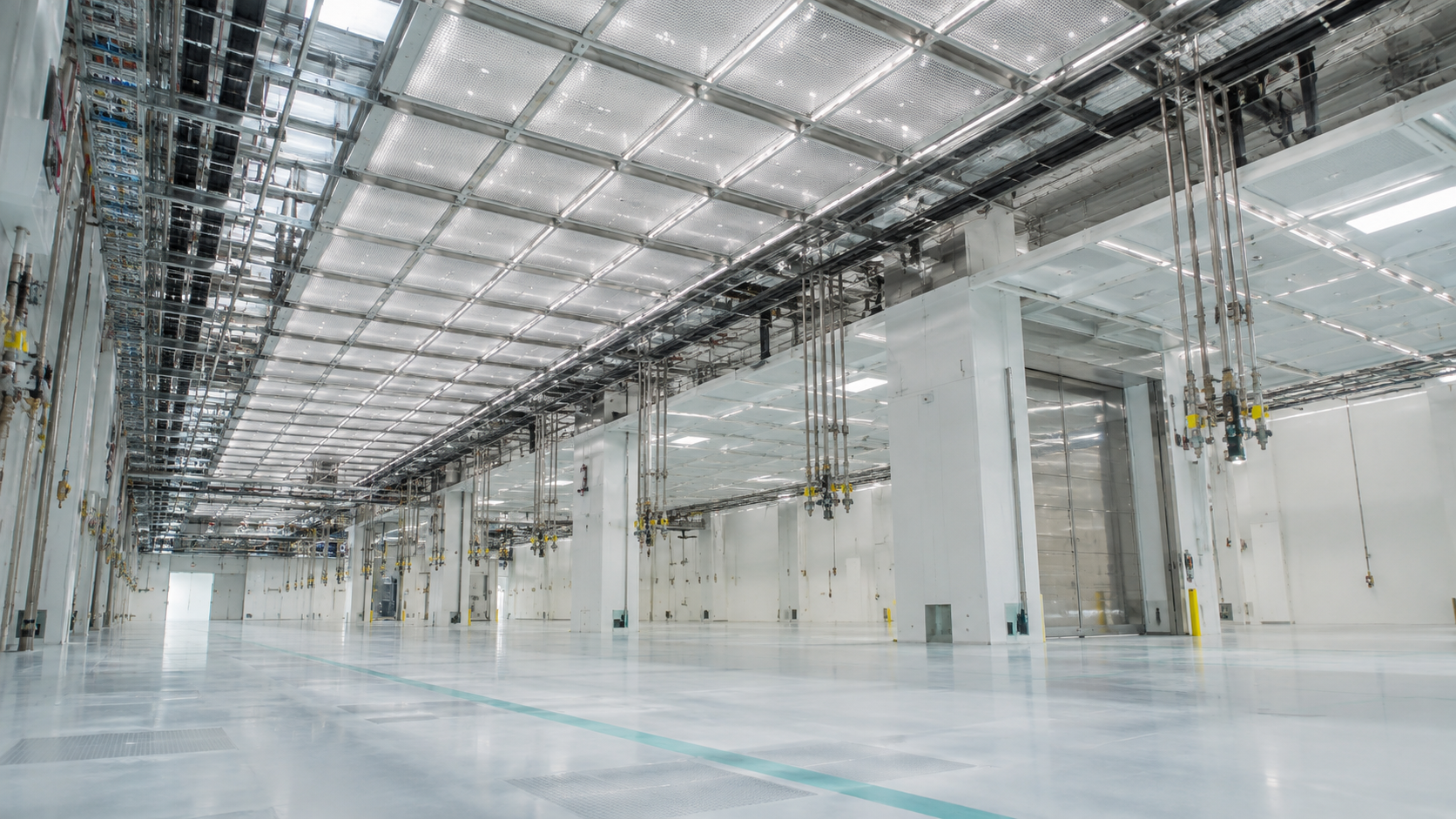 Empty semiconductor cleanroom shell with ceiling filters and utility lines before equipment installation