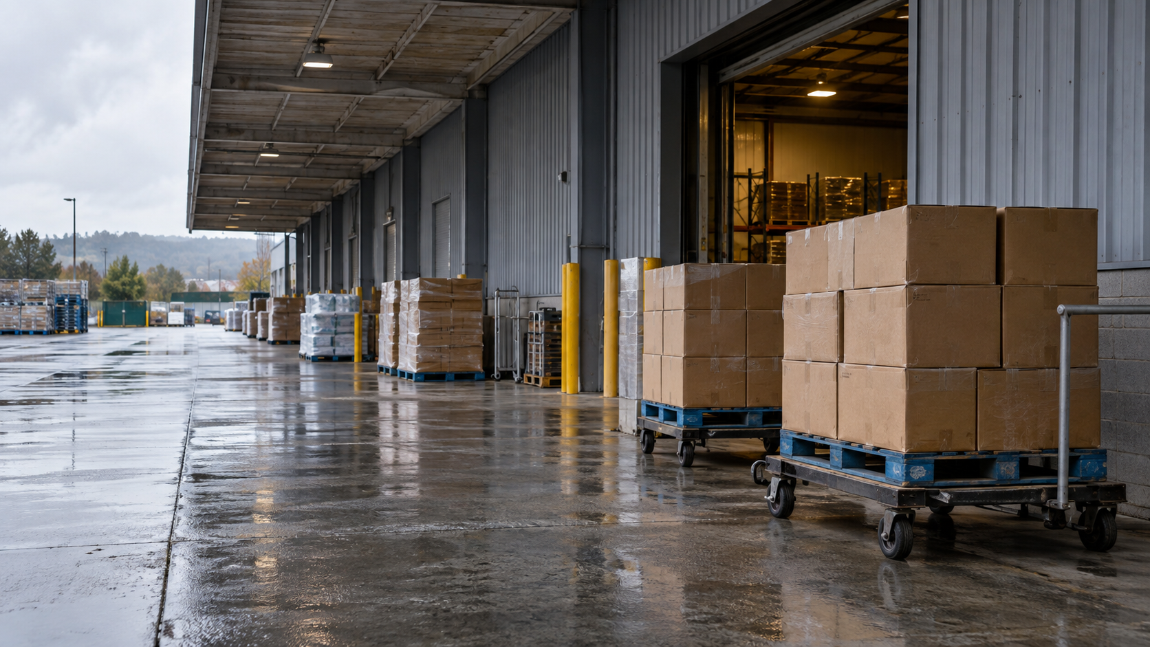 Anonymous bulk-goods pallets on wheeled dollies beneath a rain-damp warehouse loading canopy