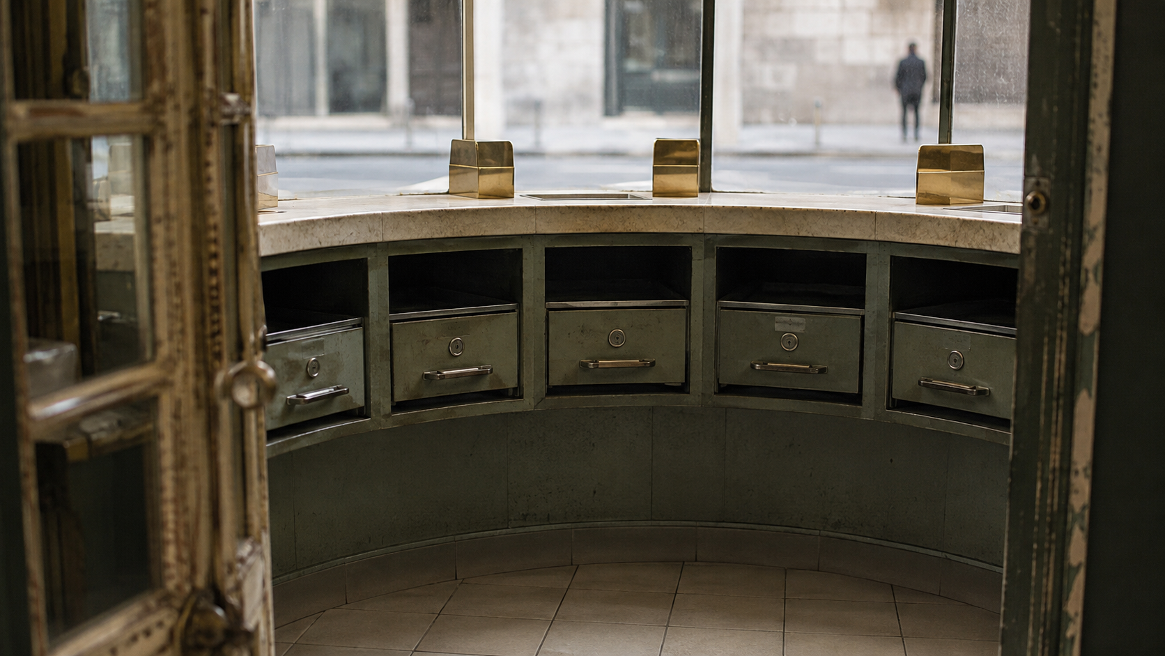 An unbranded curved currency-exchange counter with muted green metal cash drawers