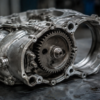 Close view of a used motorcycle engine casing and timing gear on a steel workshop bench