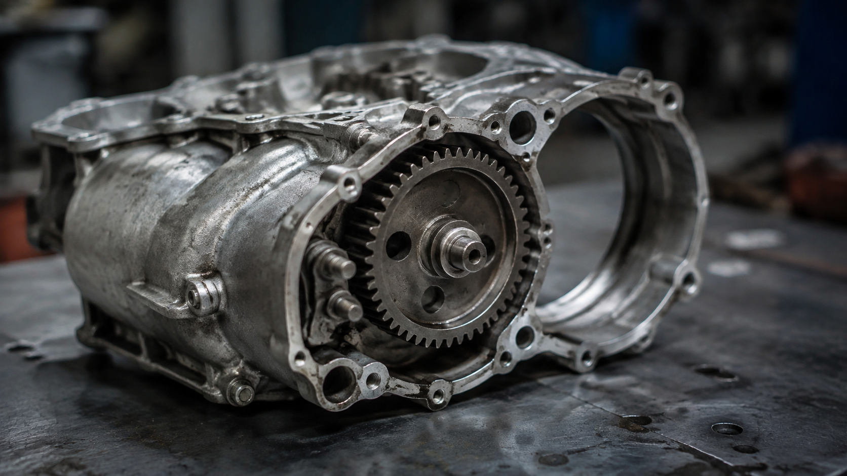 Close view of a used motorcycle engine casing and timing gear on a steel workshop bench