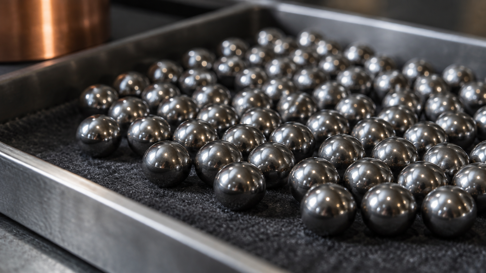 Polished steel spheres arranged in a precision-parts tray