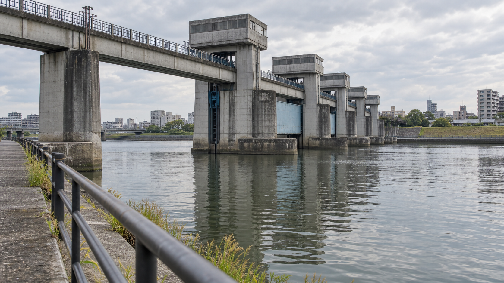 An unbranded concrete floodgate bridge spans a calm urban canal under overcast skies.