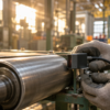 Gloved hands align an unbranded optical sensor beside a steel conveyor roller in a workshop.