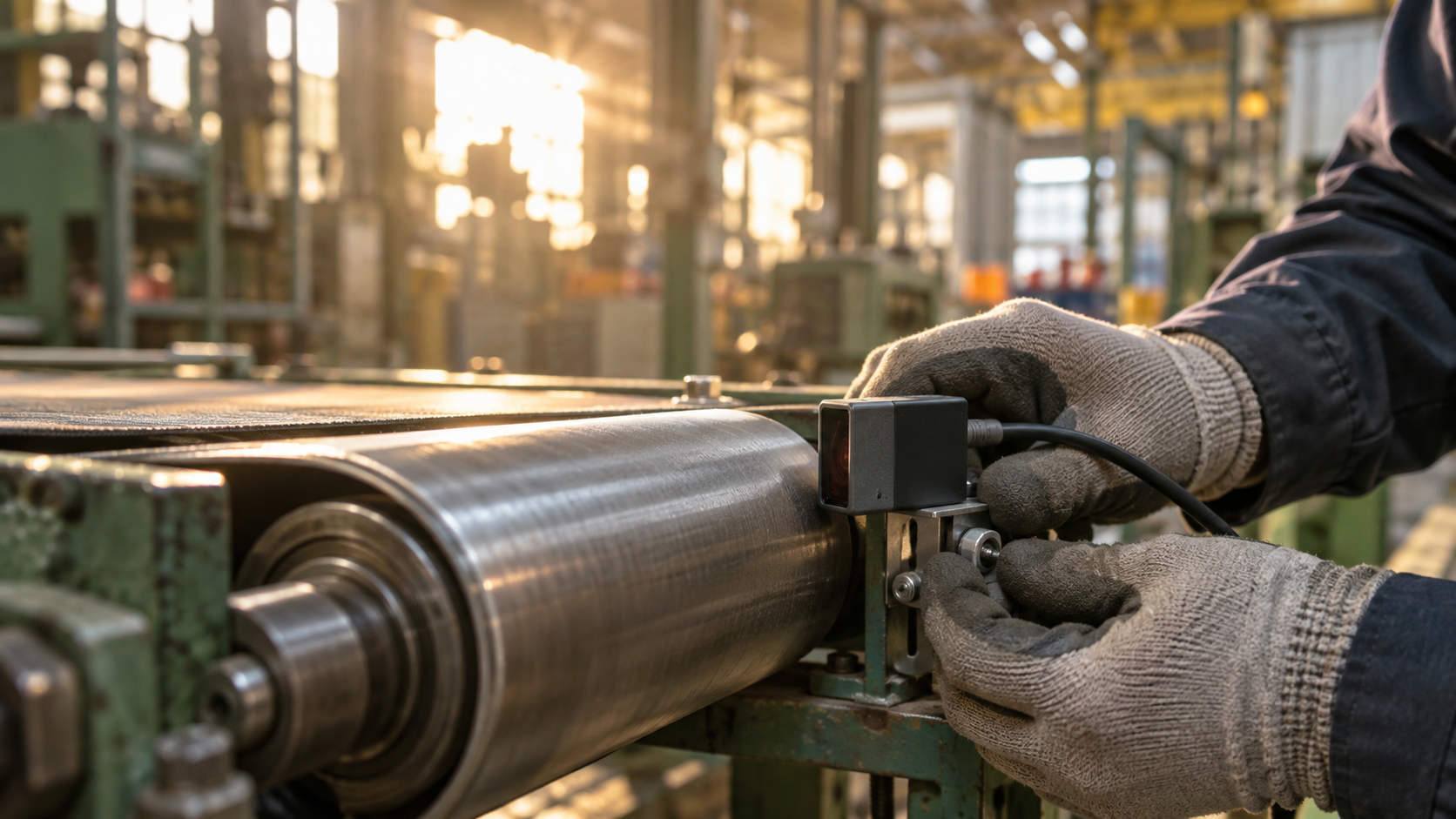 Gloved hands align an unbranded optical sensor beside a steel conveyor roller in a workshop.