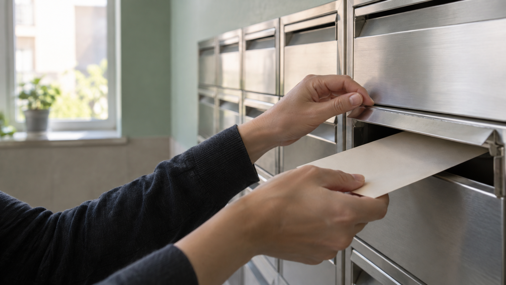 Hands place a blank envelope into an unbranded brushed-metal mailbox in a quiet mailroom.