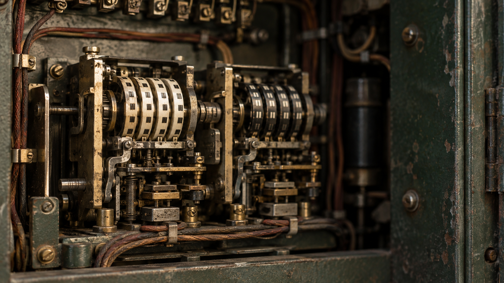 Close view of two unbranded mechanical relay counters inside an aged green metal timing cabinet, with copper wiring and brass hardware.