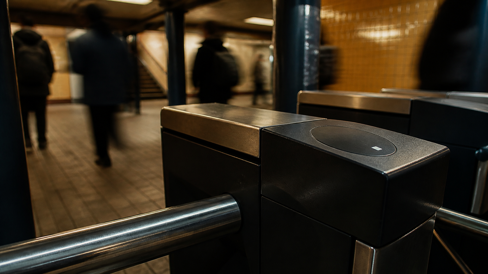 An unbranded contactless metro fare gate in a warm-tiled station with commuters blurred in the background