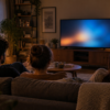 Three adults viewed from behind in a warm apartment living room watching an unbranded television at dusk