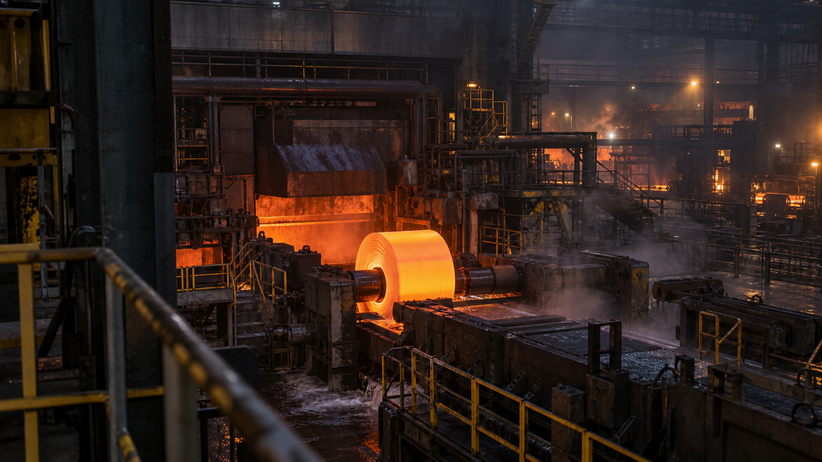 A glowing steel coil moves through an unbranded hot-strip rolling mill at pre-dawn.