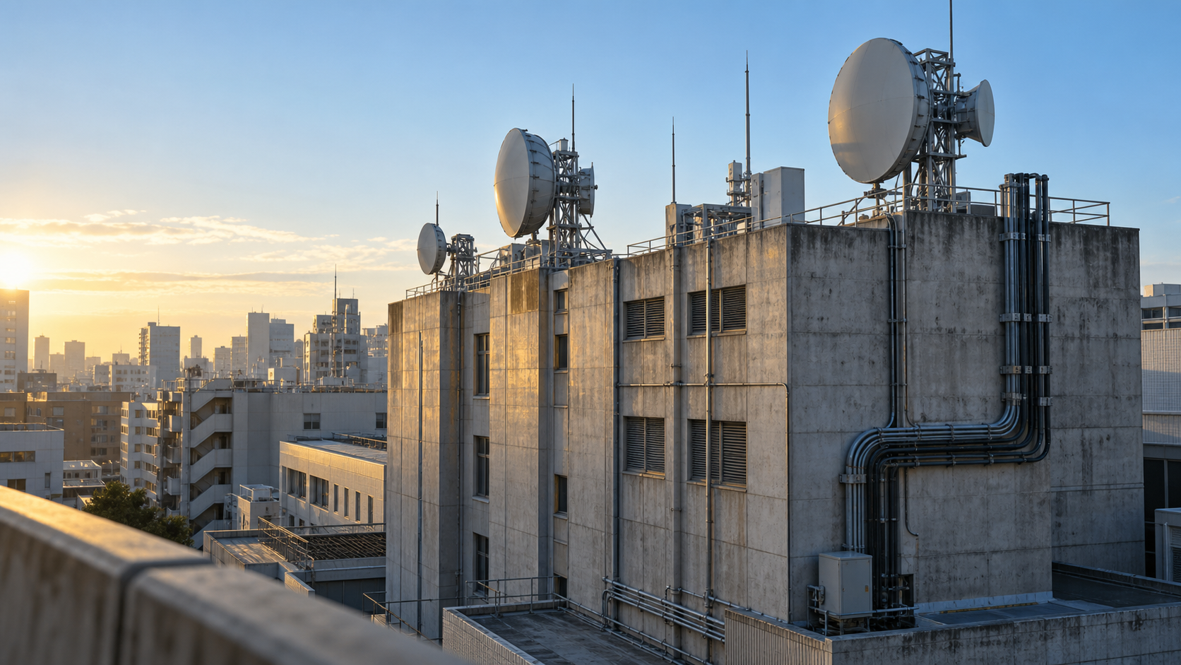 Unbranded microwave relay antennas stand above a weathered urban telecommunications exchange at sunrise.