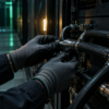 Gloved hands adjust an unlabeled liquid-cooling coupling on a dark server cabinet.