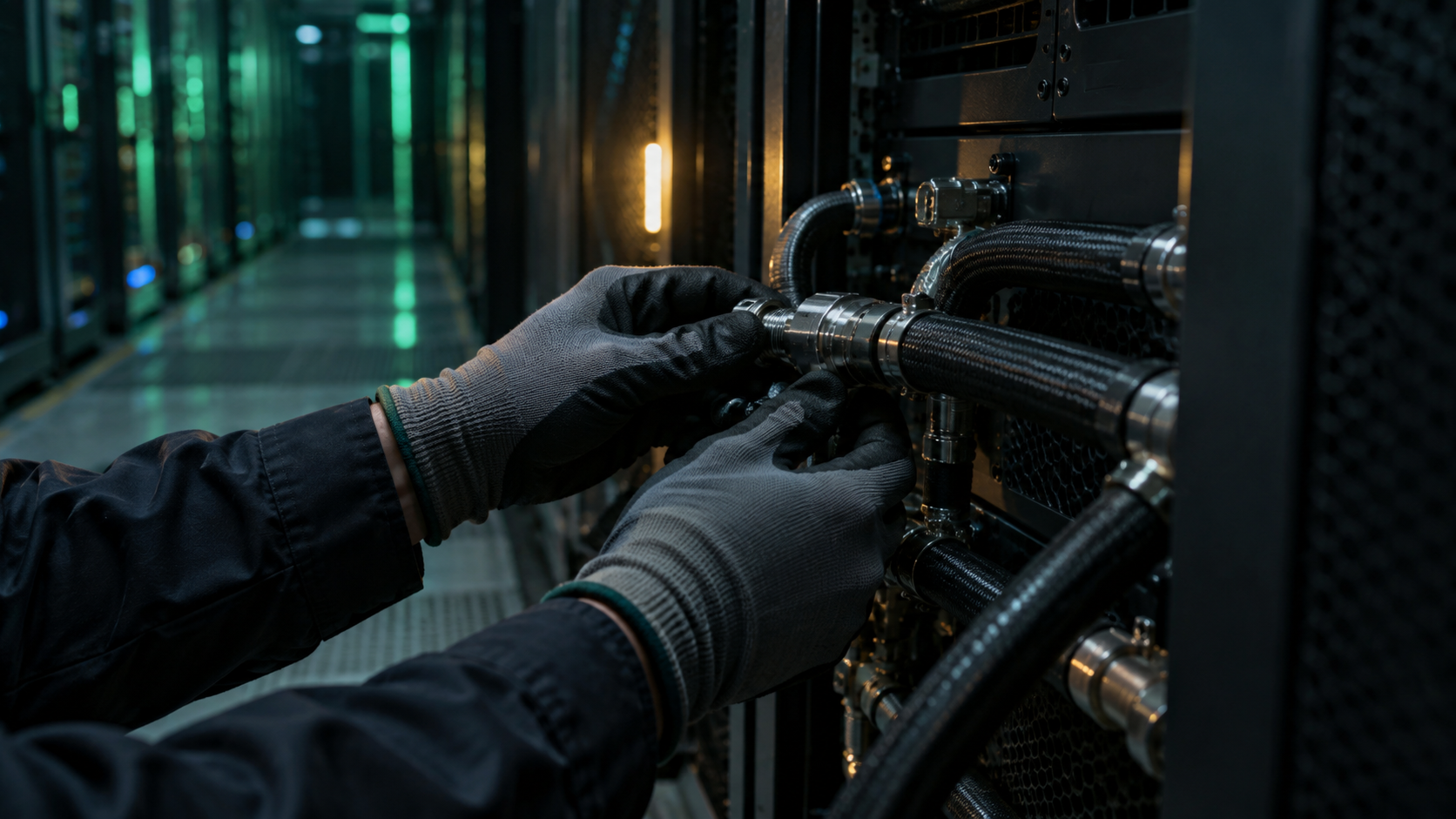 Gloved hands adjust an unlabeled liquid-cooling coupling on a dark server cabinet.