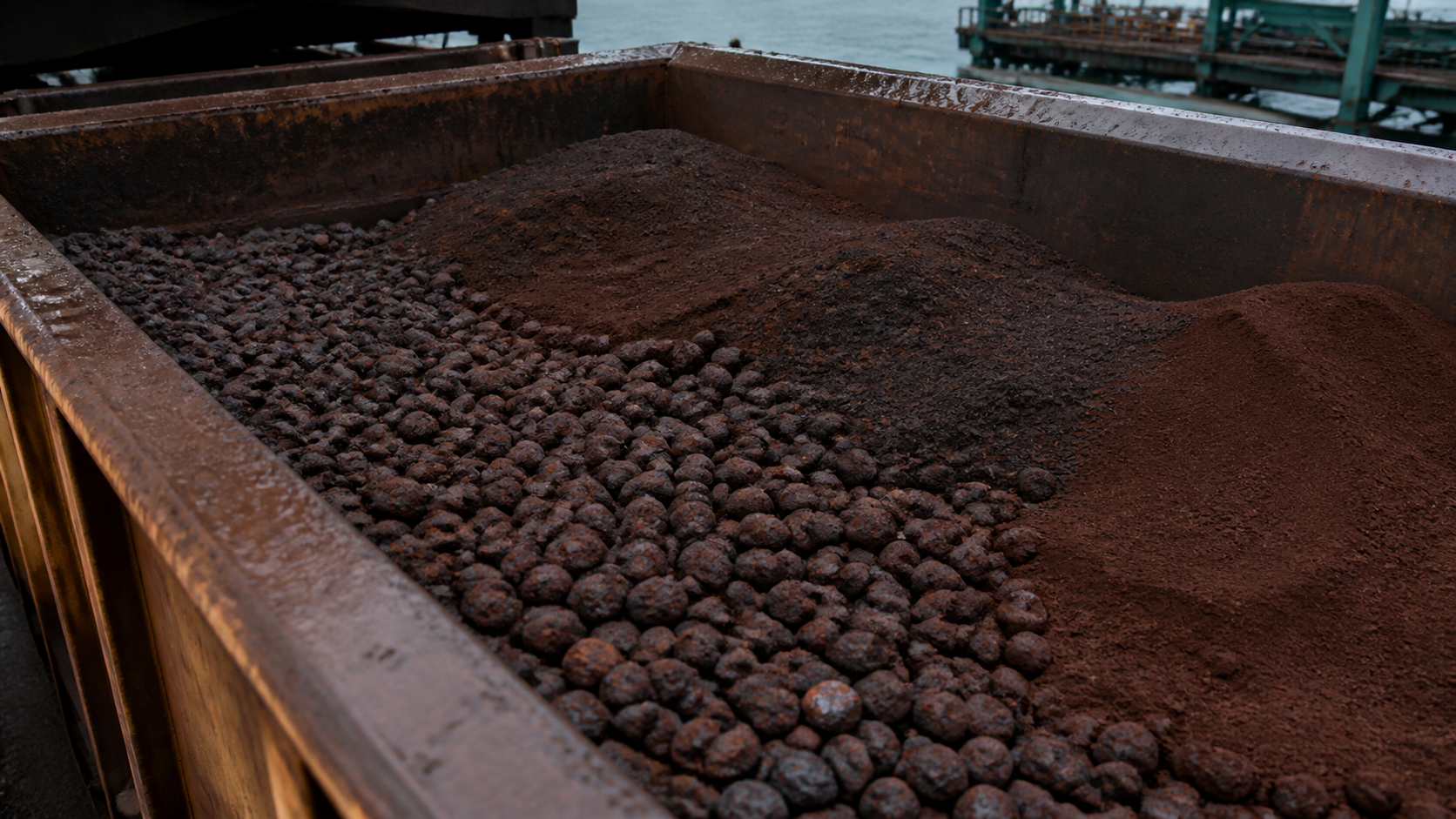 Iron ore pellets and dark fines in a weathered open freight hopper beside a coastal terminal