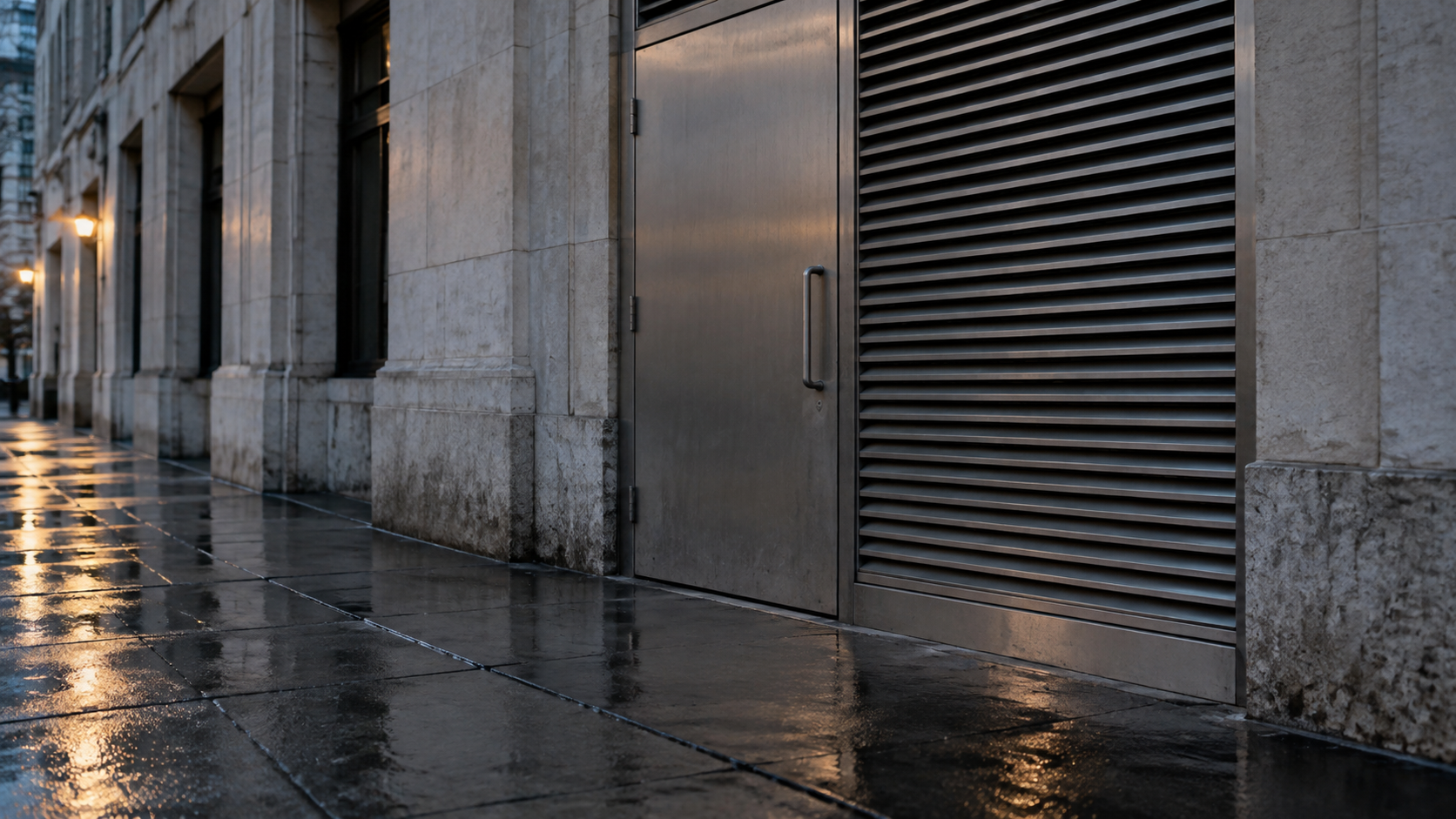 A brushed-steel service door and louvered grille sit in an unbranded limestone building above rain-wet pavement.